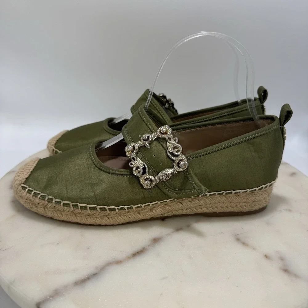Sam Edelman Maddy Green Espadrille Mary Jane Silky Upper Ornate Buckle Flats 7